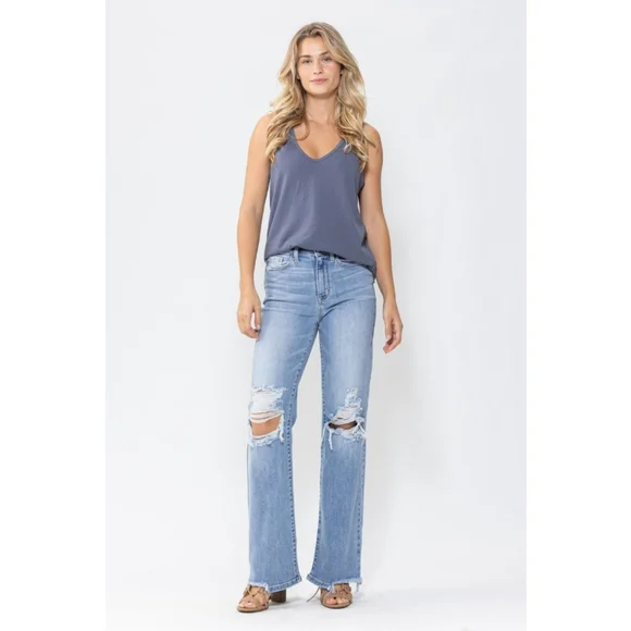 Judy Blue High Waist 90's Knee Destroy Straight Denim Jeans Size 28 Baddie - Picture 9 of 11